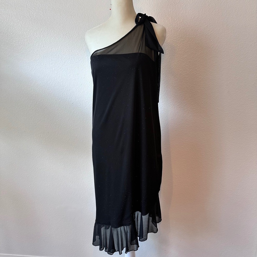 One Shoulder Glitter Sheer Mesh Ruffle Wedding Cocktail Dress Womens M Black